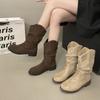 Inner height increase Small retro thick heel short boots Women's 2025 popular new versatile and thin pleated western cowboy boots