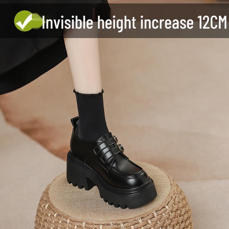 Dámské drobné černé platformové mokasíny - Kolekce jaro/podzim 2025: Všestranné kožené boty JK se silnou podrážkou zvyšující výšku