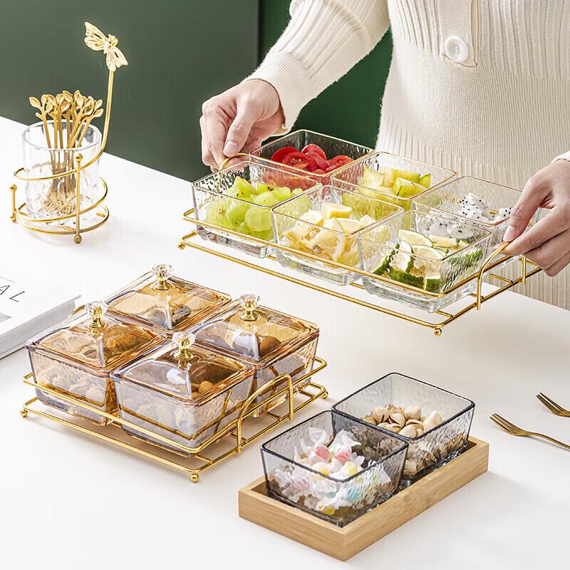 Plateau de service en verre à 3 compartiments avec support et couvercle