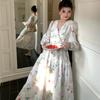 Spring Holiday Crochet Lace Embroidery Hollow Out Floral Print Party Dress Women's Long Sleeve Pearl Buttons Up Belt Clothing