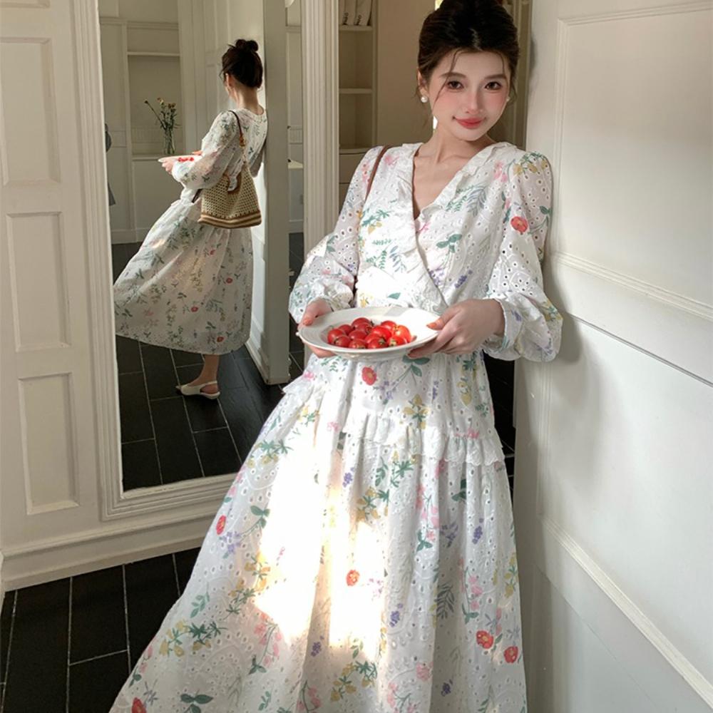 Spring Holiday Crochet Lace Embroidery Hollow Out Floral Print Party Dress Women's Long Sleeve Pearl Buttons Up Belt Clothing