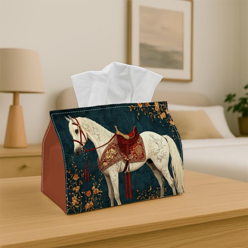 1pc Party Tissue Box, Vintage Horse Artwork, Versatile Tissue Holder, Ethnic Saddle Floral In Dark Green, Outdoor Party Essentials, Daily Desktop Tiss