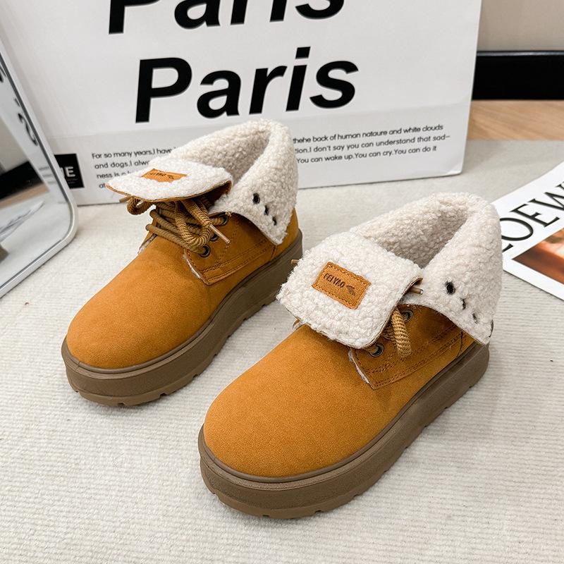 Retro thick-soled heightened flanged Martin boots for women's winter new velvet fashion two-wear short boots warm cotton shoes