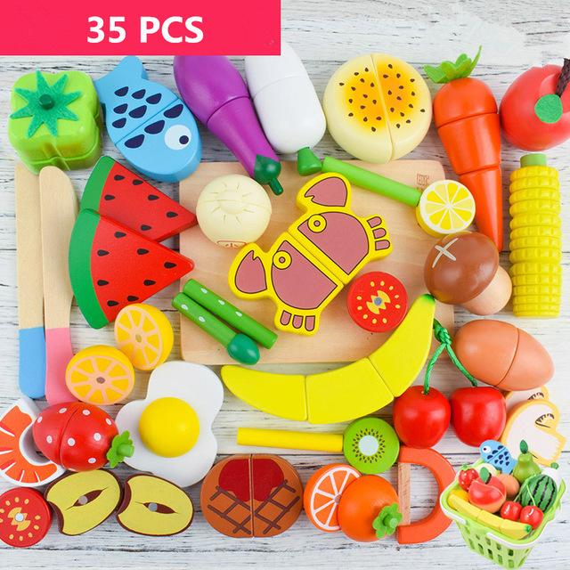Pretend To Play Kitchen Children Toy Gift Pretend Play Wooden Cutting Cooking Food Toy Set Magnetic Wood Cut Vegetable Fruit Toy
