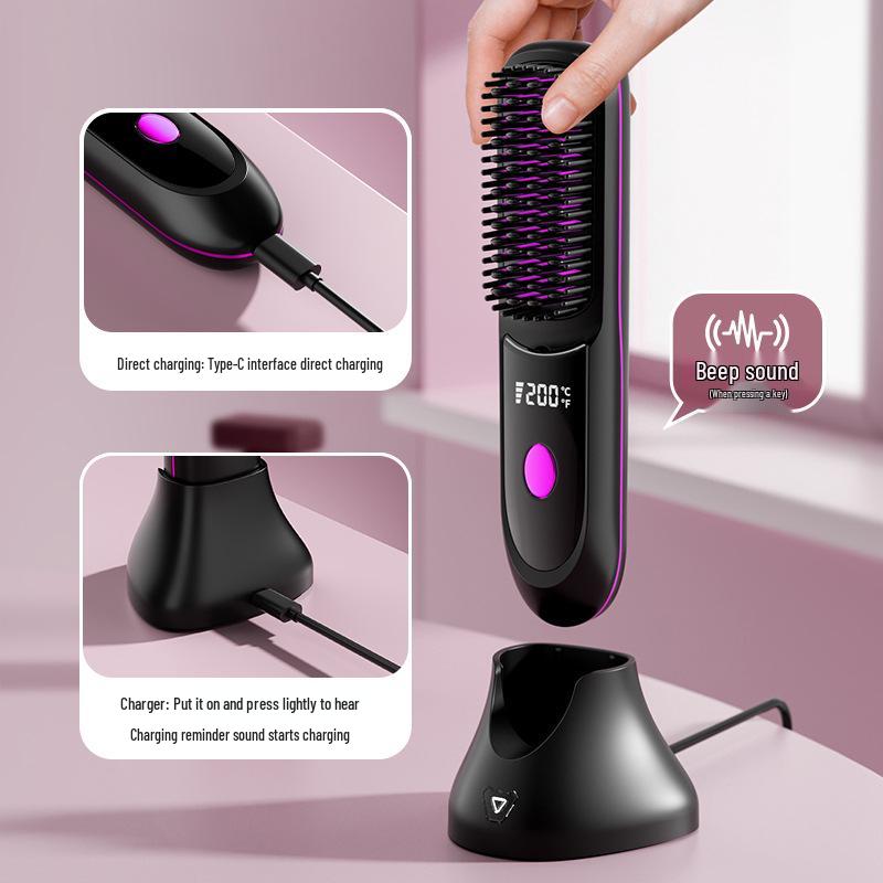 

Portable Wireless Negative Ion Hair Straightening Comb with Base - Heat-Friendly, Fluffy Style Tool for Effortless Use