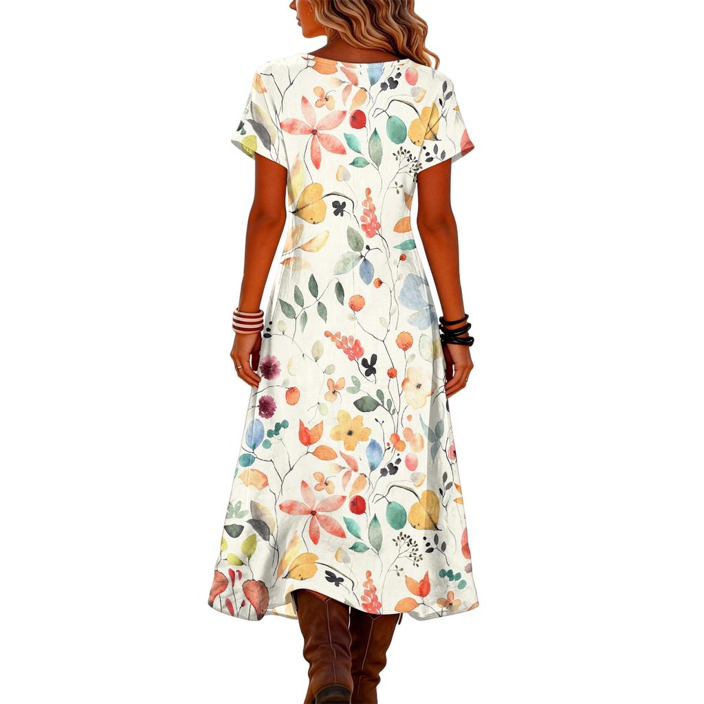 Fashionable women's summer V-neck short sleeved retro floral print beach dress