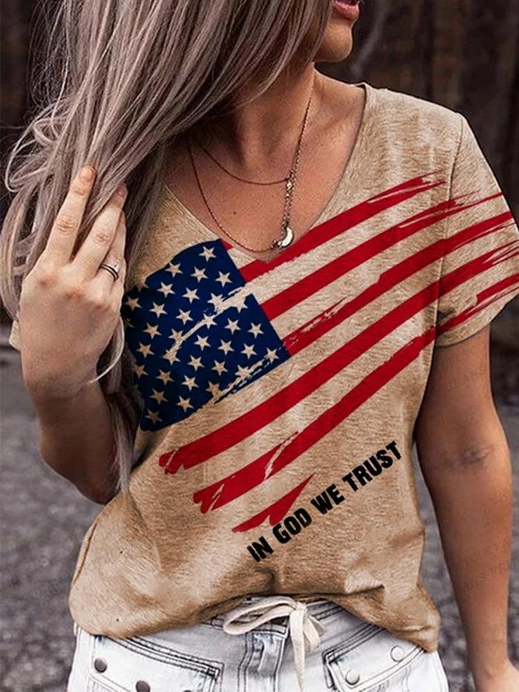 American Flag 3d Print T-shirt Women Fashion V-Neck T-shirts Short Sleeve Tops Tees Loose Casual Tees Vintage Camisetas USA Flag