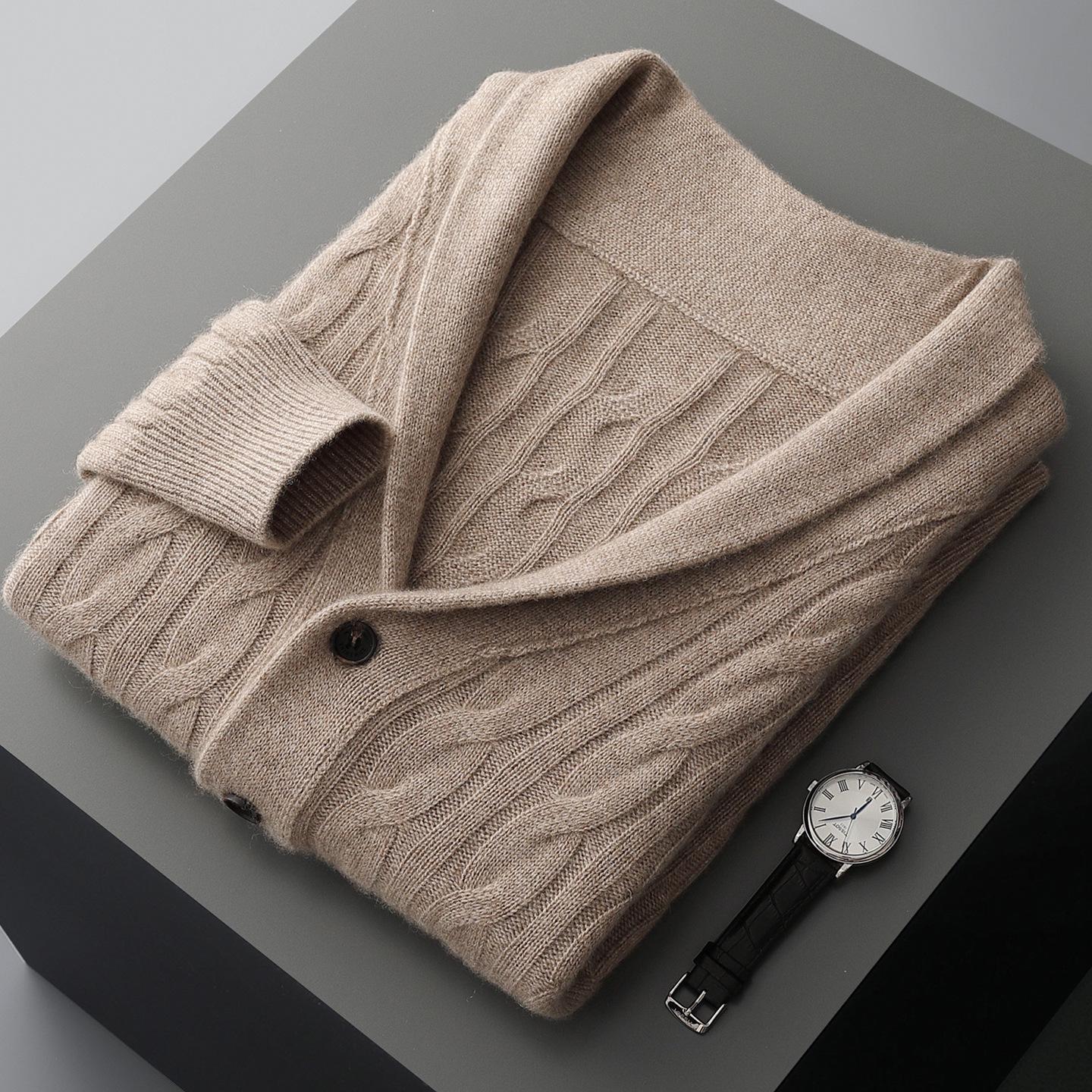 

Men s Autumn/Winter Green Button-Up Cardigan - Thick 100% Wool Sweater for Mid-Aged & Elderly L