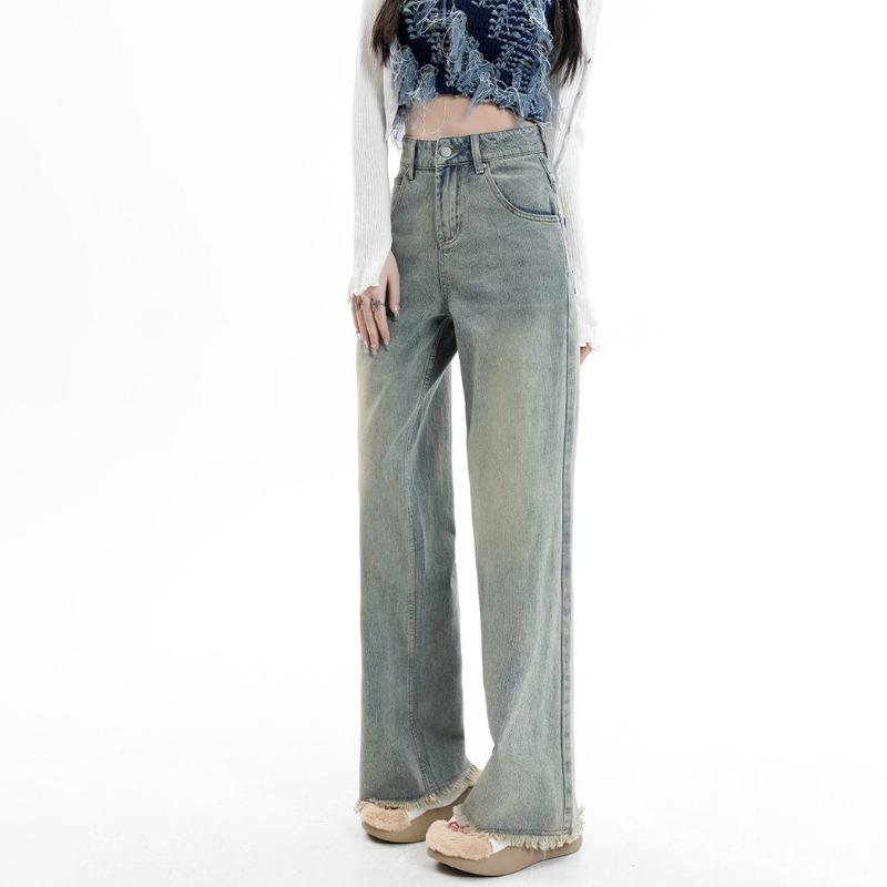 

Женские ретро синие джинсы с высокой посадкой и прямыми штанинами - Весна/Осень 2024 Модные облегающие микроклеш широкие брюки Large