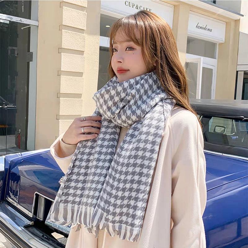 Black and White Houndstooth Plaid Scarf for Women Winter Warm Korean Version Versatile Long Imitation Cashmere Scarf Shawl Dual Use