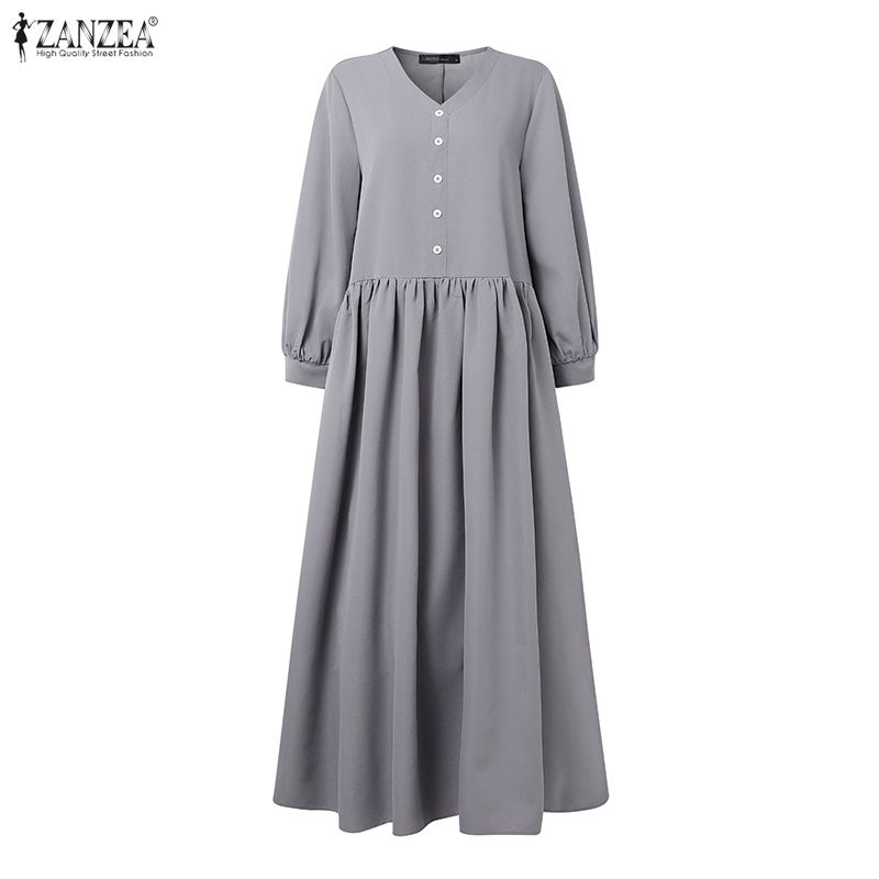 ZANZEA Women Casual V-Neck Loose Long Sleeve Solid Long Dress