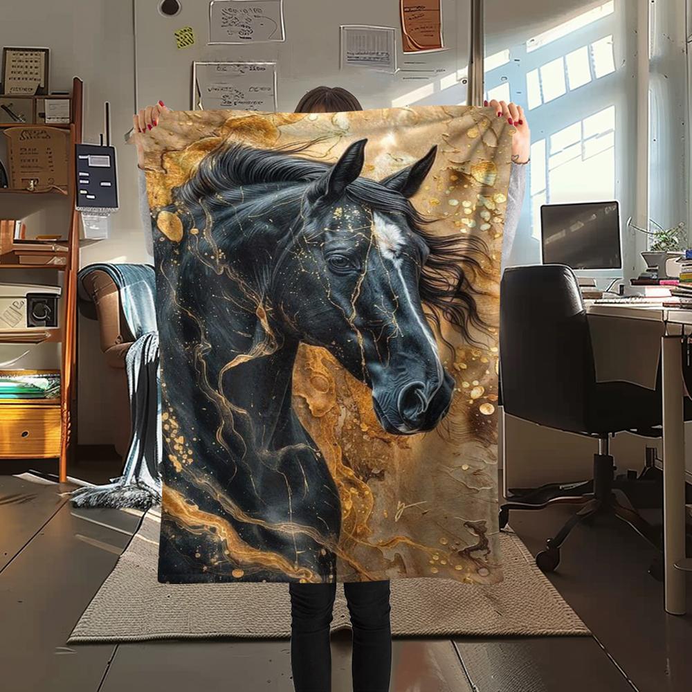 1Pc Black Horse Print Flannel Blanket, High Quality Comfortable for All Seasons, Home Decor, Warmth and Comfort, Perfect for Gifts