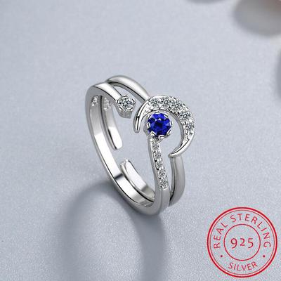 Anello aperto con stella lunare alla moda in argento sterling 925 con zircone blu impreziosito da gioielli per le donne, regali per feste di nozze