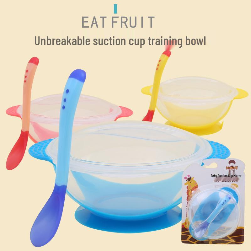 Non-Slip Suction Bowl Set: Drop-Proof Bowl, Lid, Temp-Sensitive Spoon & Fork for Infants & Toddlers