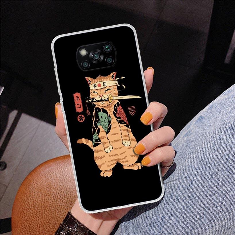 Ramen Sushi Samurai Tattoo Cat Phnoe Case for Xiaomi Poco X5 X6 X7 Pro X4 Gt F7 Ultra M8 M7 Redmi 15C 15 13C 13 12C 12 Unique Co