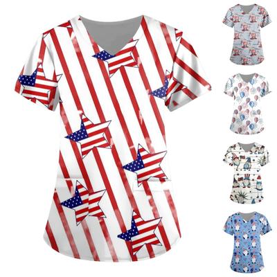 Women's Printing Short Sleeve V-neck Tops Independence Day Print Working Pocket Blouse