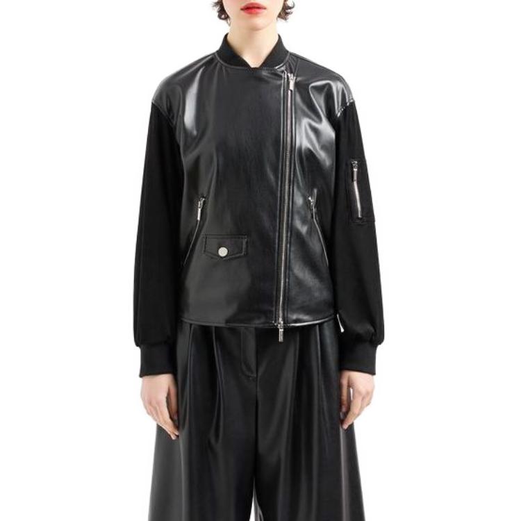 Armani Exchange Color Block Stand Collar Zip Long Sleeve Jacket Women jackets Black 3DYB09-YNYJZ1-1200