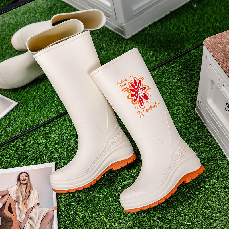 Women's rain shoes platform long tube non-slip waterproof high tube rain boots fleece wear-resistant rubber shoes kitchen outdoor work