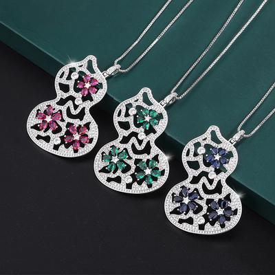 Jewelry Copper Bottom Gold-Plated Wind Retro Simulation Color Treasure Two-Color Stone Diamond Gourd Pendant Necklace