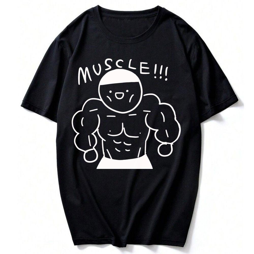 Cotton T Shirt Cartoon Buff Muscular Unisex Six Pack Abs Doodle Print MUSCLE Letter Slogan Graphic Gym Bodybuilding Workout Tees
