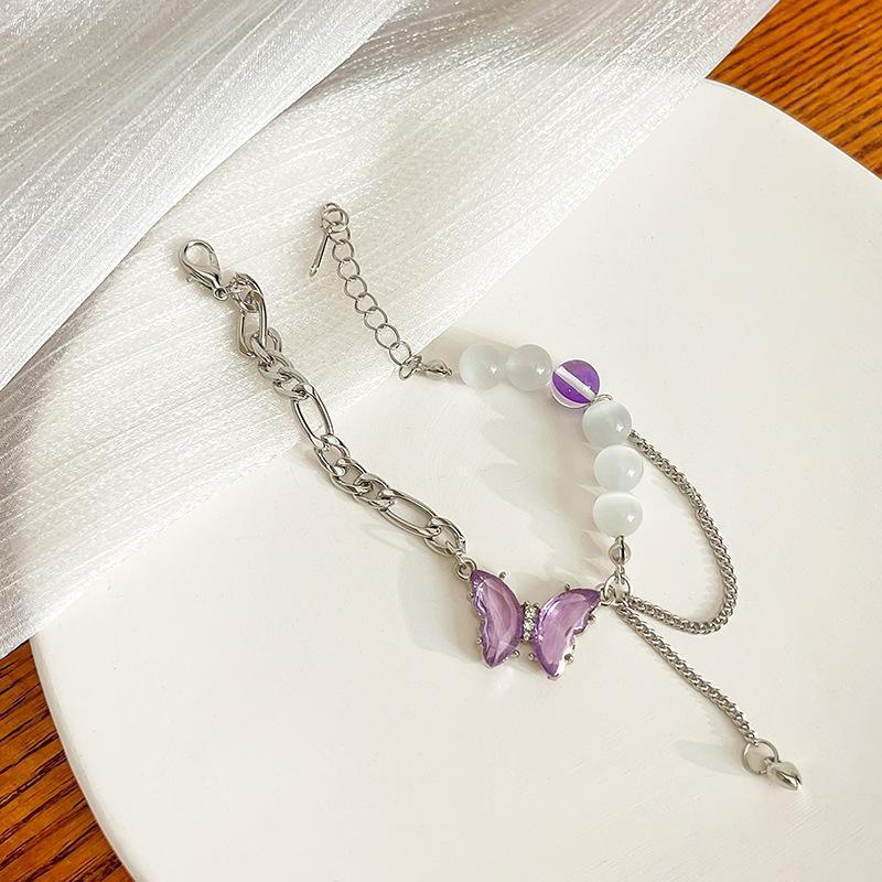 Fashion Trendy Handmade Purple Butterfly Pearl Chain Bracelet Beautiful Small Fresh Personality Bracelet Women