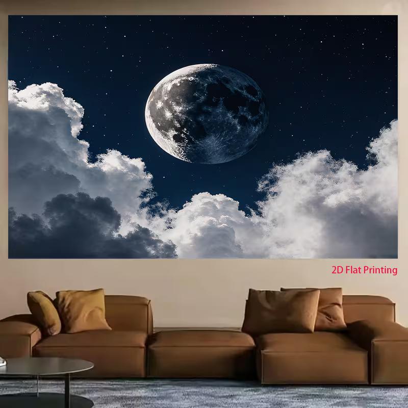 2D Night Sky Moon Wall Hanging - Realistic Moon & Cloud Background Cloth