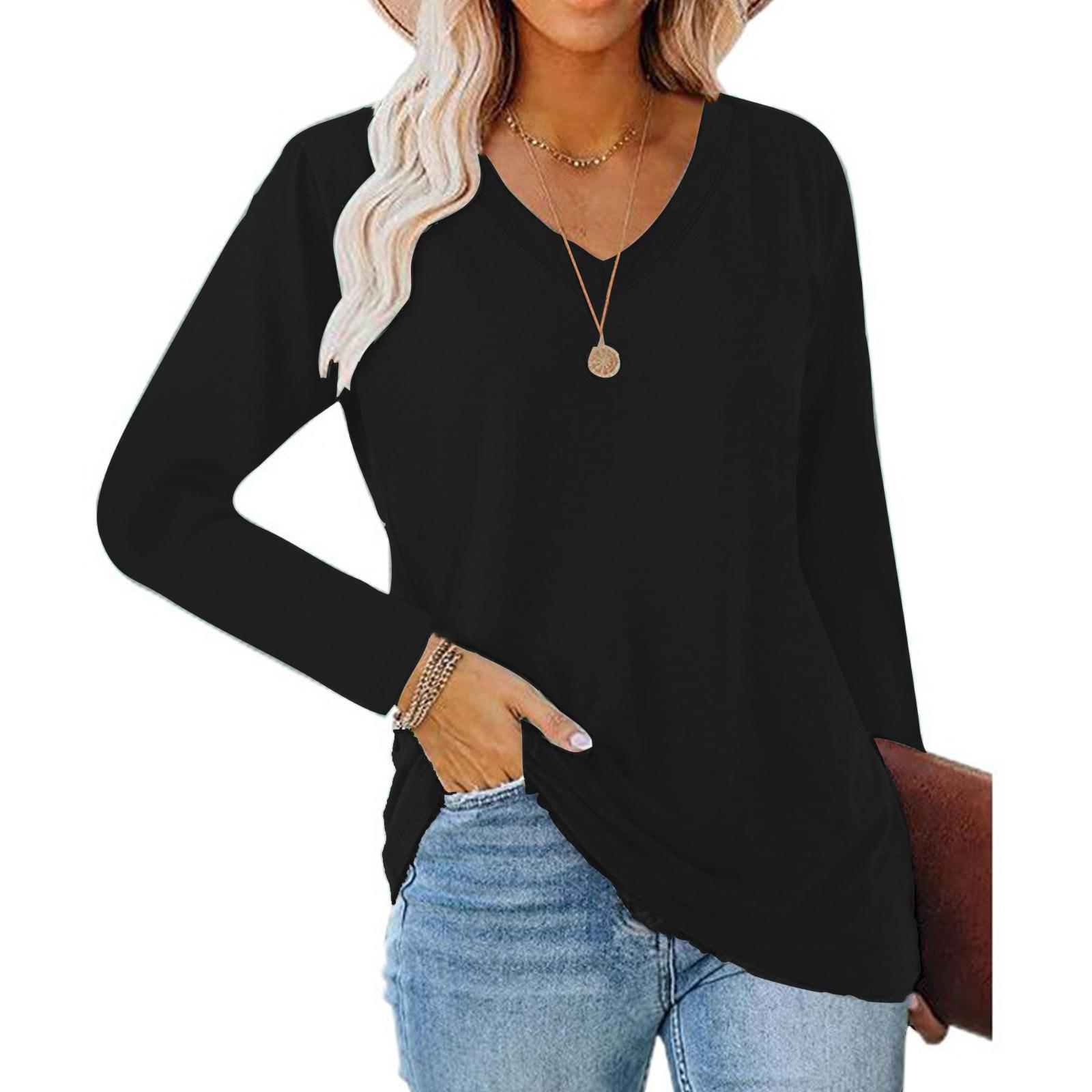Women S Long Sleeve V Neck Solid Color Loose Casual T Shirt S