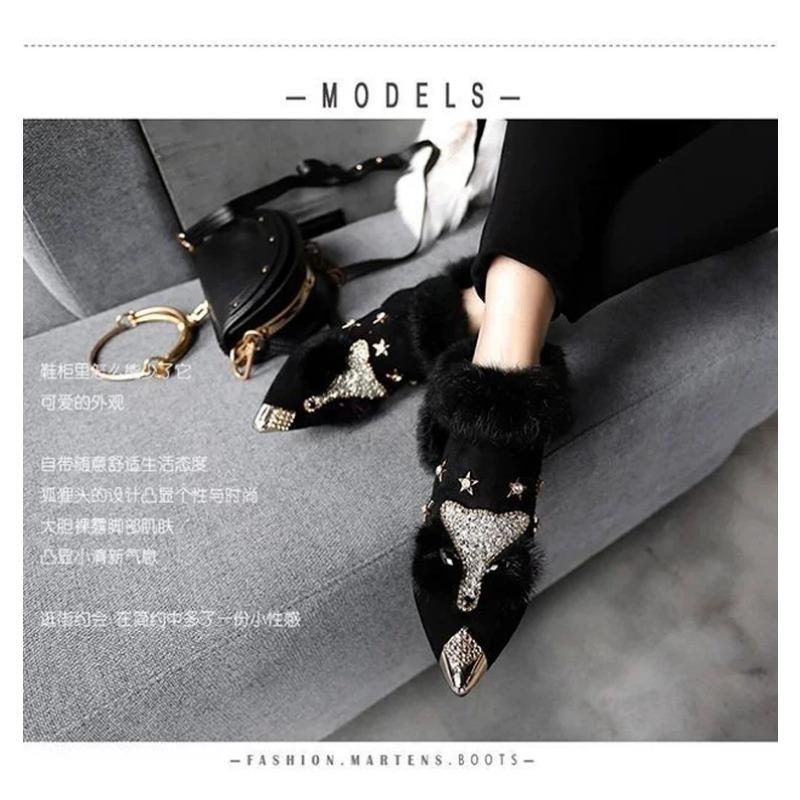 Dámské kotníkové boty Křišťálová hlava lišky Dámské boty Zimní móda Kovová špička Nadýšený plyš Vysoký podpatek Dámská svatební párty obuv