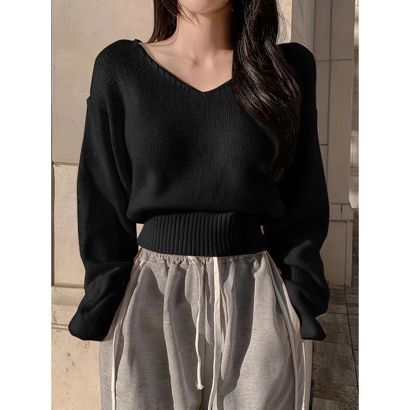 YYFS Damenmode, lässig, Herbst/Winter, einfarbig, bedruckt, langärmelig, V-Ausschnitt