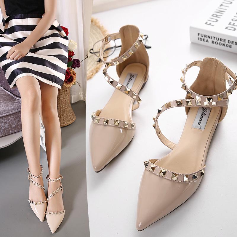 

34-43 Большой размер маленький перец заклепка острый ремешок плоские туфли ивовый гвоздь плоские туфли одинарные туфли женская обувь ива 34 yards абрикосовый
