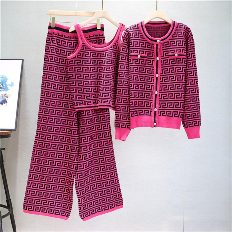Autumn And Winter Jacquard Knitted Cardigan Women's Suit Jacket Vest And Pants Three Piece Set