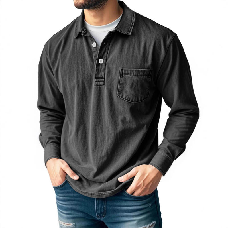 Spring Autumn Men's Retro Solid Color Cotton Polo Shirts Washed Sports Button Pocket Lapel Collar Long Sleeve Tops