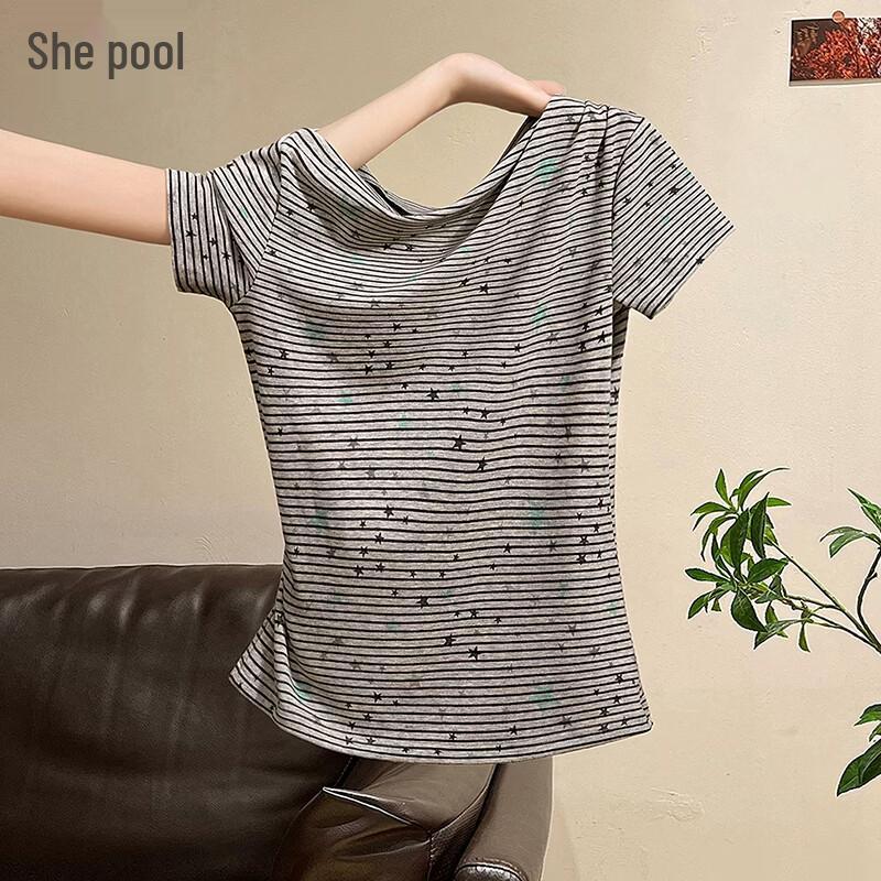 Women s Slim Fit Star Print Striped T-Shirt S