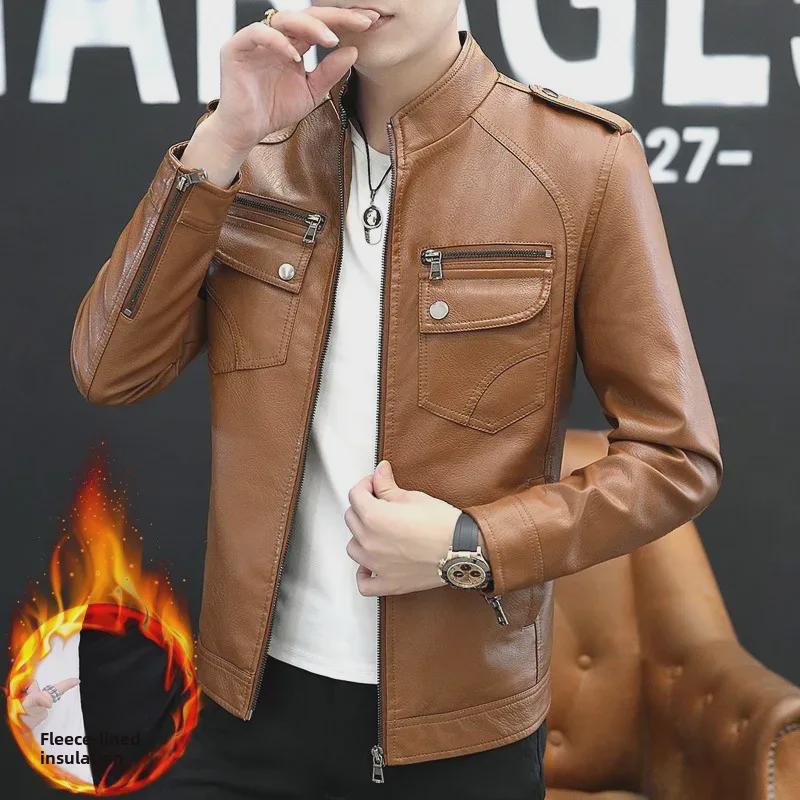 Men's Fashion Stand Collar Leather Motorcycle Jacket with Multi-Pockets for Autumn and Winter
