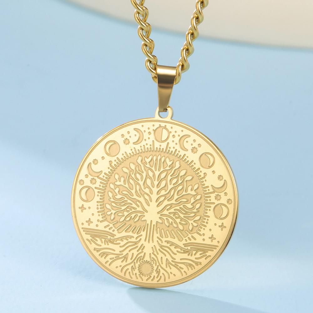 Dawapara Tree of Life and Moon Phase Necklace Mythological Yggdrasil Pendant Wiccan Goddess Amulet Stainless Steel Jewelry