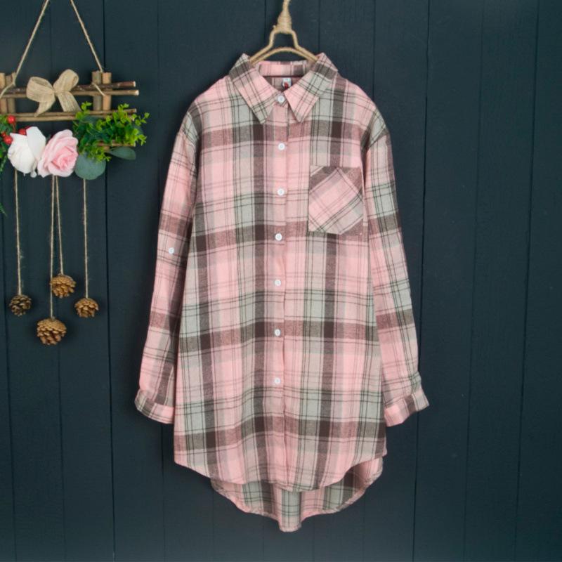 Camicia Giacca da Donna a Quadri Rosa in Cotone e Lino di Media Lunghezza Larga Primavera/Autunno