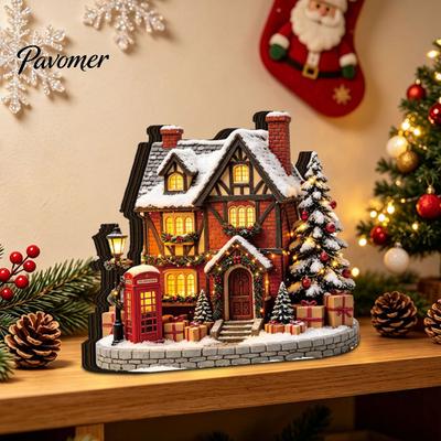 DIY Craft Ornaments Christmas Glowing House Ornament, LED Wooden Tabletop Decor for Festive Home Holiday Village Display, Light Up Party Supplies