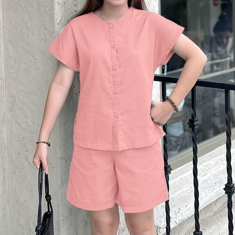 ZANZEA Women Short Sleeve Blouse and Shorts Summer Two Piece Suit Sets