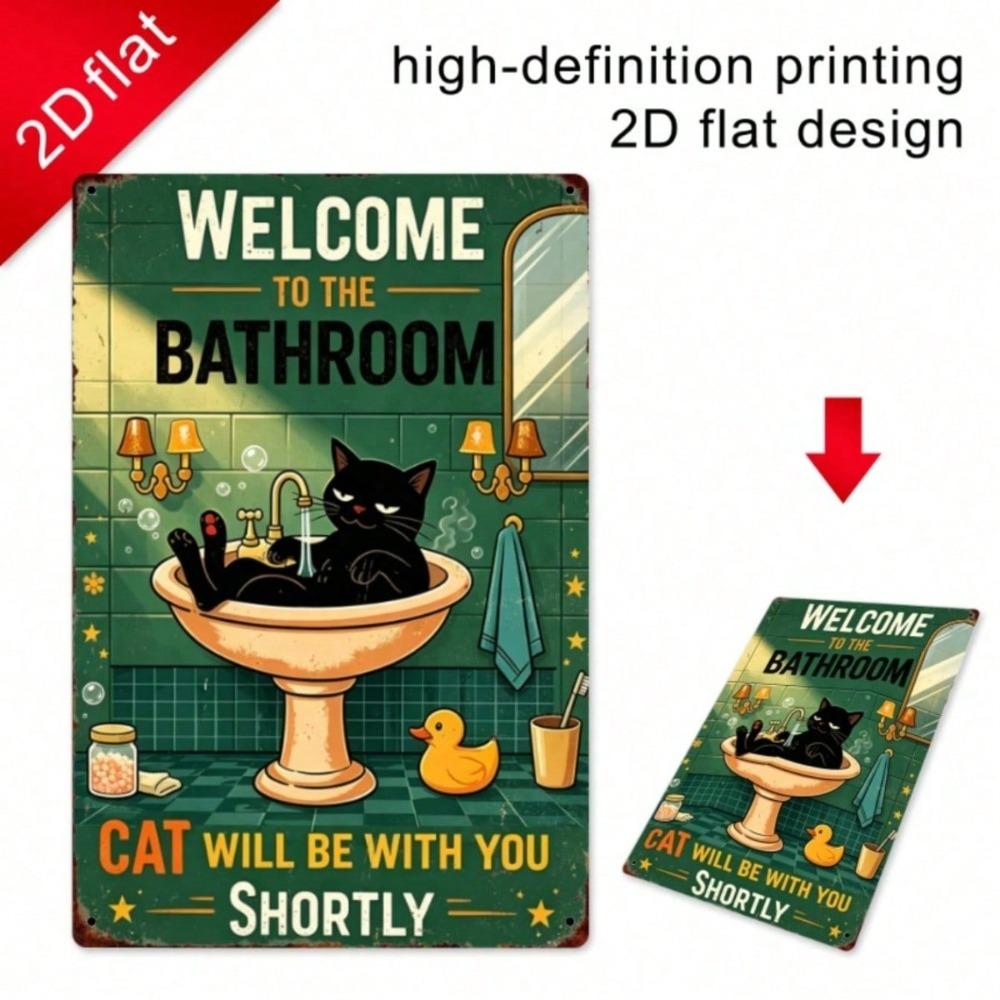 Vintage Black Cat Tin Sign, Funny Bathroom Decor, Restroom Plaque, Retro Rustic Bathtub Art