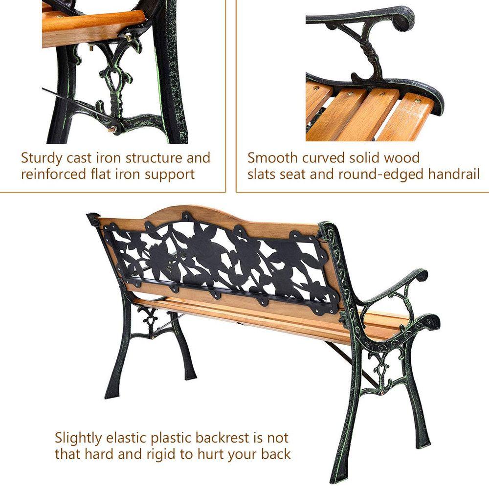 AFSTAR Outdoor Garden Bench, Patio Bench with Large Rose Cast Backrest Amp Comfort Wood Seat, 470 LBS Load Capacity, Weather Pr