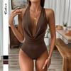 Women's Halter Neck Draped Front Sleeveless Bodysuit Solid Color Bodycon Jumpsuit