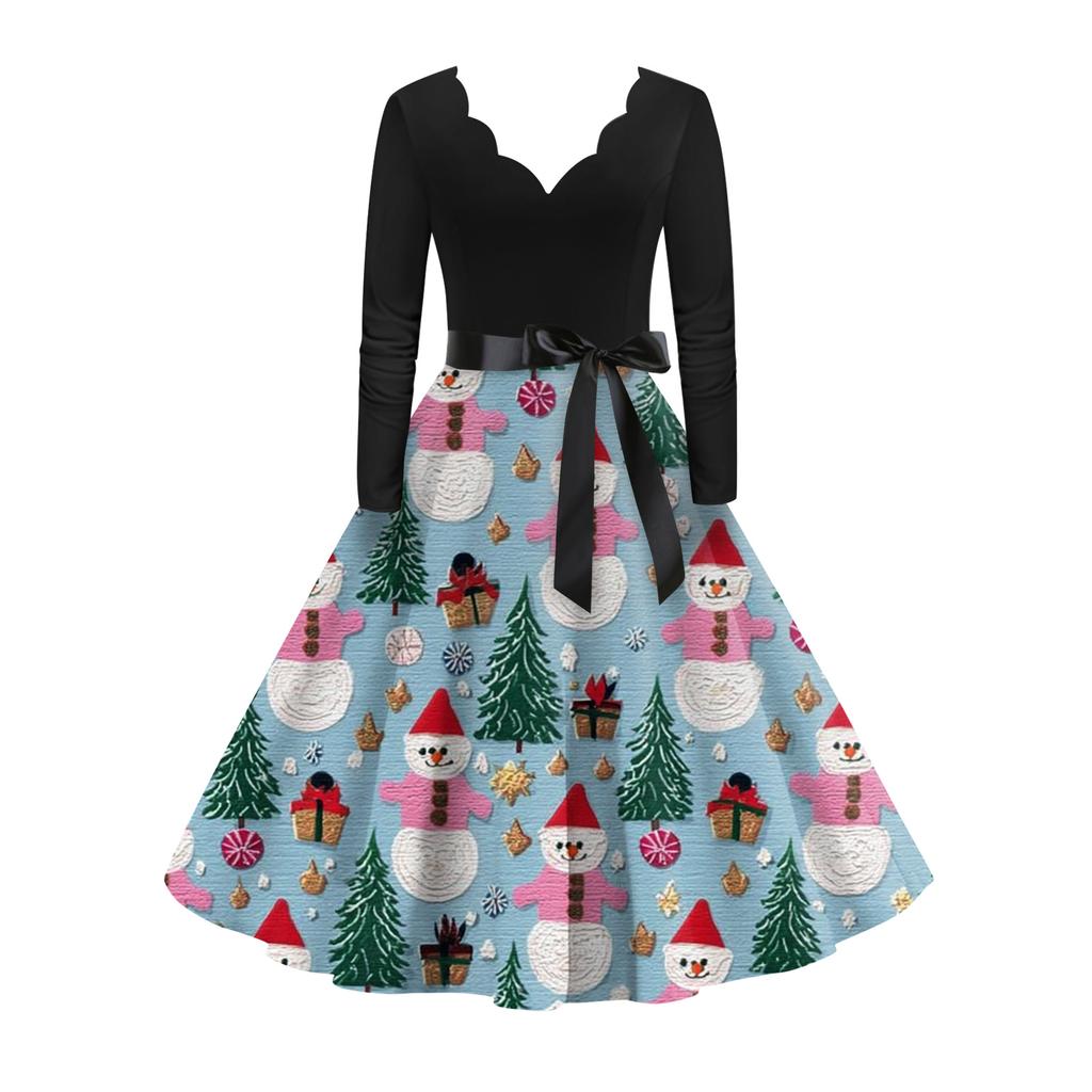 Women's Fashion Elegant Autmn and Winter Long Sleeve V-Neck Christmas Print Dress