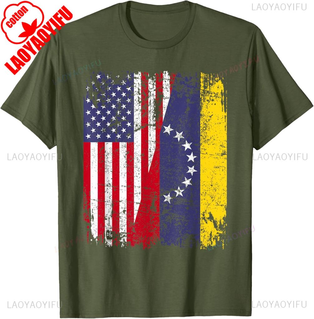 Venezuelan Roots Half American Flag Cotton TShirt Summer Casual Patriotic Gift Lightweight Breathable Trendy for Unisex WOMEN
