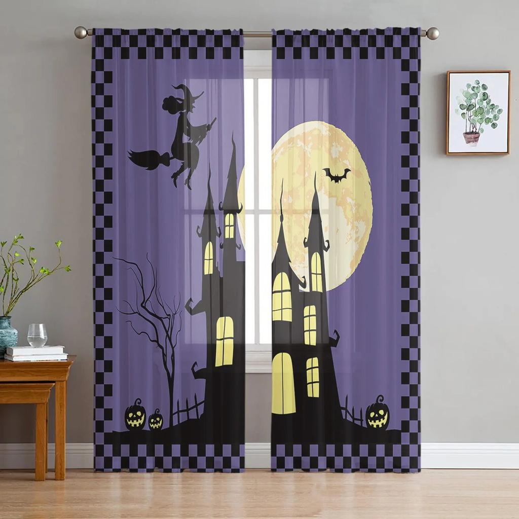 Halloween Gitter Schloss Hexe Mond Wohnzimmer Schlafzimmer Transparente Gardinen Urlaub Dekoration Fenster Voile Tüll Vorhang