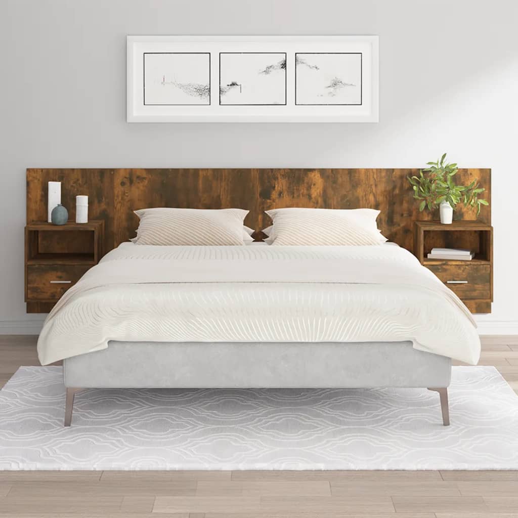 Bed Headboard with Nightstands Smoked Oak Wood Based Material