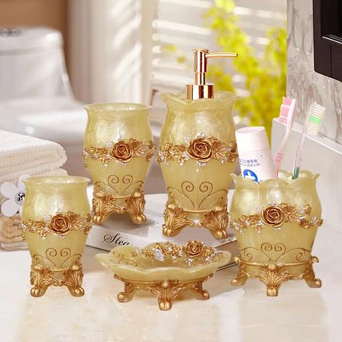 Resin Bathroom Set Toiletries Bathroom 5-piece Set with Rectangular Tray Lotion Bottle Toothbrush Holder Mouth Cup Soap Dish