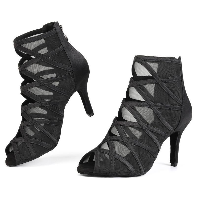 

Sexy Mesh Women Dance Boots Peep Toe Tango Modern Ballroom Dancing Shoes High Heels 8.5cm Dance Boots 35 чёрный