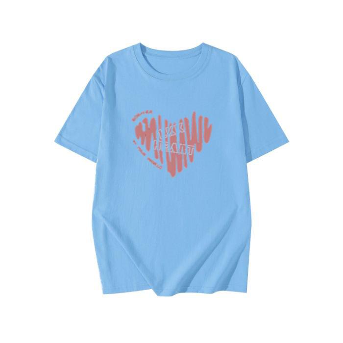 Plus Size Cotton T-Shirt - Women's Summer Short Sleeve Pink Heart Mid-Length Loose European Style