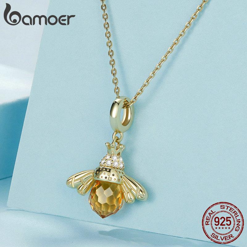 BAMOER 925 Silver Lovely Orange Bee Insect Pendant Necklace for Women 14K Gold Plated Jewelry Birthday Gift 2 Colors