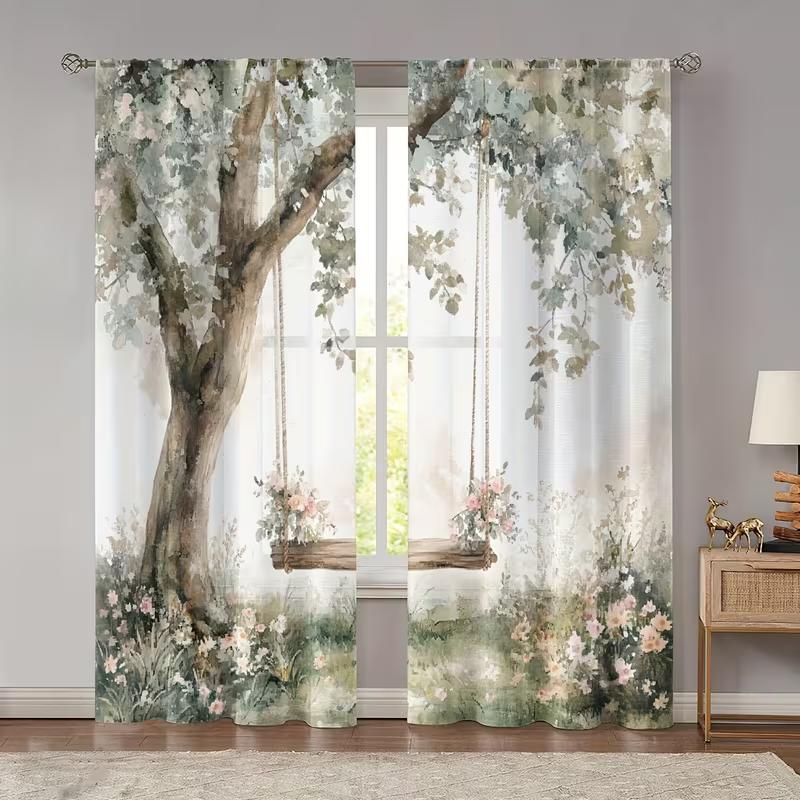 

2pc Flower Tree Swing Curtains, Minimalist Fresh Style, Suitable for Bedrooms & Living Rooms, Rod Pocket Decorative Curtains 53x116CM-2PC&Rod Pocket